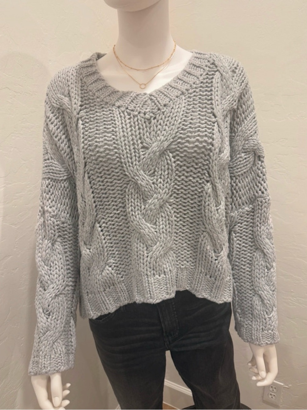 Magnolia Light Gray Cable Knit Scoop Neck Pullover